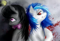 Size: 1150x800 | Tagged: semi-grimdark, artist:cruelseptember, derpibooru import, octavia melody, vinyl scratch, earth pony, pony, unicorn, vampire, fanfic, blood, blood stains, bowtie, dark, fangs, female, hooves, horn, mare, moon, vinyl the vampire