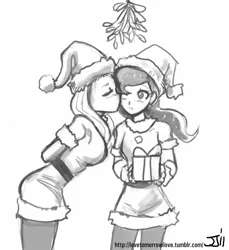 Size: 914x1000 | Tagged: artist:johnjoseco, blushing, christmas, clothes, derpibooru import, dress, female, fluttershy, grayscale, human, humanized, kissing, lesbian, lunashy, monochrome, pantyhose, princess luna, safe, shipping