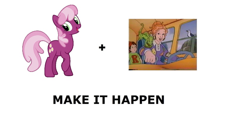 Size: 1960x992 | Tagged: all caps, cheerilee, derpibooru import, exploitable meme, magic school bus, make it happen, meme, meta, miss frizzle, safe