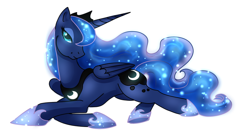 Size: 2520x1381 | Tagged: artist:ladyduskfall, bedroom eyes, derpibooru import, princess luna, prone, safe, simple background, solo