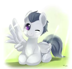 Size: 750x713 | Tagged: safe, artist:ende26, derpibooru import, rumble, pegasus, pony, colt, cute, male, one eye closed, prone, rumblebetes, solo, spread wings, waving, wink