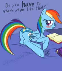 Size: 1280x1463 | Tagged: suggestive, artist:ldr, derpibooru import, rainbow dash, pegasus, pony, adorasexy, blushing, book, clothes, cute, embarrassed, female, frown, looking at you, looking back, looking back at you, mare, panties, plot, prone, sexy, signature, solo, solo female, underwear