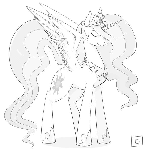 Size: 1200x1220 | Tagged: artist:japananon, artist:昔の傷口, black and white, derpibooru import, grayscale, monochrome, princess celestia, safe, solo