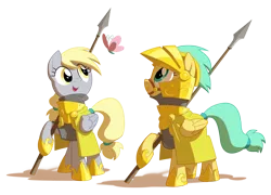 Size: 2400x1725 | Tagged: safe, artist:equestria-prevails, derpibooru import, derpy hooves, sunshower raindrops, butterfly, pegasus, pony, armor, epic derpy, female, guard, mare, simple background, spear, transparent background