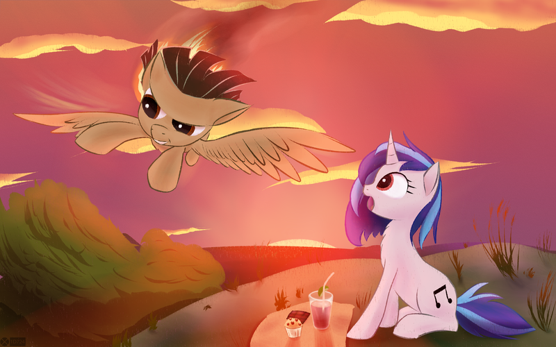 Size: 3840x2400 | Tagged: safe, artist:roadsleadme, derpibooru import, vinyl scratch, wild fire, chest fluff, flying, high res, sunset