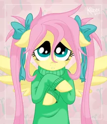 Size: 1900x2200 | Tagged: safe, artist:killryde, derpibooru import, fluttershy, pony, bipedal, bow, clothes, solo, sweater, sweatershy