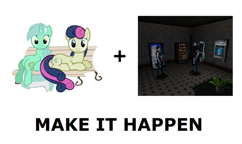 Size: 1337x796 | Tagged: all caps, bon bon, derpibooru import, deus ex, exploitable meme, gunther hermann, lyra heartstrings, make it happen, meme, meta, safe, sweetie drops