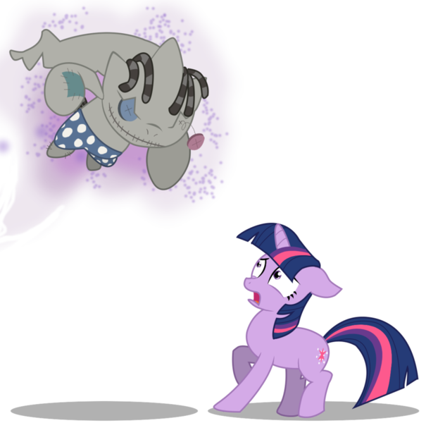 Size: 900x892 | Tagged: safe, artist:seaandsunshine, derpibooru import, smarty pants, twilight sparkle, banette, pony, unicorn, crossover, duo, female, mare, pokémon, raised hoof, scared, simple background, transparent background, unicorn twilight, vector