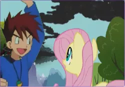 Size: 438x305 | Tagged: crossover, derpibooru import, fluttershy, friendship is magnets, gary motherfucking oak, gary oak, pokémon, safe, youtube poop