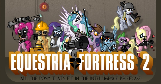 Size: 668x350 | Tagged: safe, artist:don-ko, derpibooru import, applejack, derpy hooves, fluttershy, pinkie pie, princess celestia, rainbow dash, rarity, spike, twilight sparkle, pegasus, pony, female, mane six, mare, parody, team fortress 2