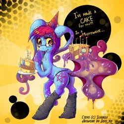 Size: 1024x1024 | Tagged: artist:don-ko, butt, cake, derpibooru import, female, hat, looking at you, oc, oc:cteno, original species, party hat, plot, ponified, solo, solo female, suggestive, unofficial characters only