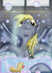Size: 3508x4961 | Tagged: safe, artist:toonlancer, derpibooru import, derpy hooves, pegasus, pony, absurd resolution, bath, bathtub, bubble, female, ipod, mare, mp3 player, rubber duck, smiling, solo