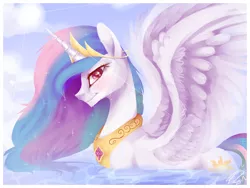 Size: 1600x1200 | Tagged: safe, artist:imalou, derpibooru import, princess celestia, alicorn, pony, bath, behaving like a bird, behaving like a duck, blushing, crepuscular rays, crown, cute, cutelestia, dripping, female, fluffy, jewelry, lidded eyes, looking at you, mare, messy mane, necklace, profile, regalia, solo, spread wings, sun, swanlestia, water, wet, wet mane, wing fluff