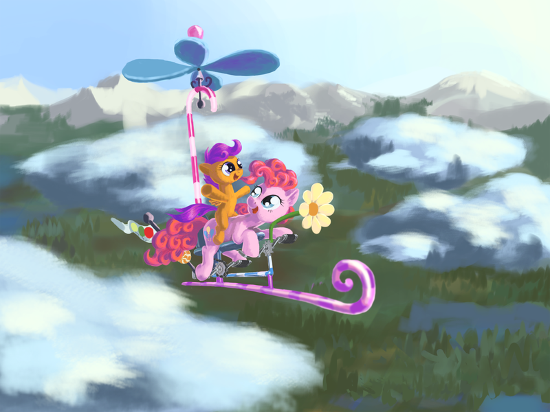 Size: 1680x1260 | Tagged: artist:cannibalus, derpibooru import, flying, flying contraption, pedalcopter, pinkiecopter, pinkie pie, riding, safe, scootaloo, scootalove, vertigo