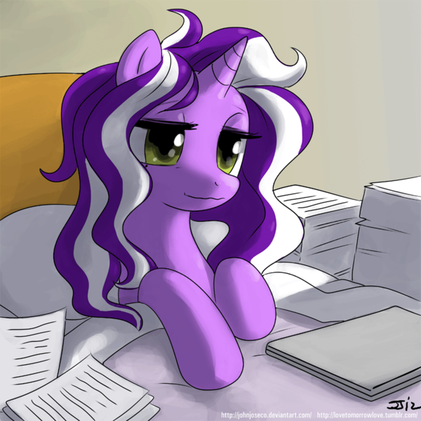 Size: 900x900 | Tagged: safe, artist:johnjoseco, derpibooru import, oc, oc:purple tinker, unofficial characters only, pony, unicorn, bed, female, image, lidded eyes, mare, messy mane, morning, morning ponies, paper, png, sitting, smiling, solo, wavy mouth