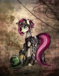 Size: 716x922 | Tagged: safe, artist:nastylady, derpibooru import, roseluck, earth pony, pony, abstract background, bunsen burner, chemistry, clothes, female, goggles, grin, looking at you, mare, smiling, solo, steampunk, vial, wide eyes