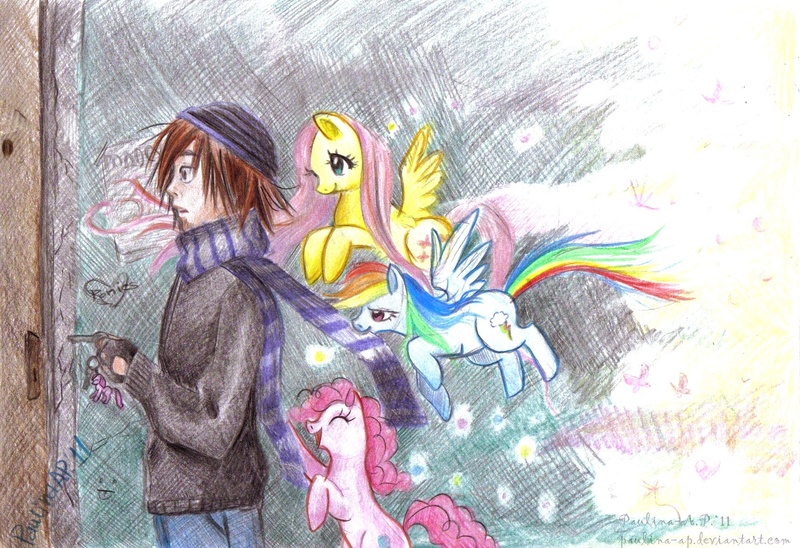 Size: 1671x1144 | Tagged: artist:paulina-ap, derpibooru import, fluttershy, human, pinkie pie, rainbow dash, safe, traditional art