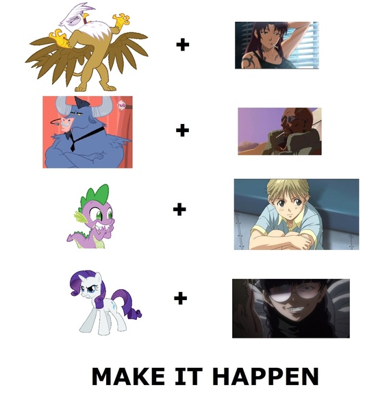 Size: 1576x1664 | Tagged: safe, derpibooru import, gilda, iron will, rarity, spike, gryphon, all caps, black lagoon, dutch, exploitable meme, garcia, make it happen, meme, meta, revy, roberta