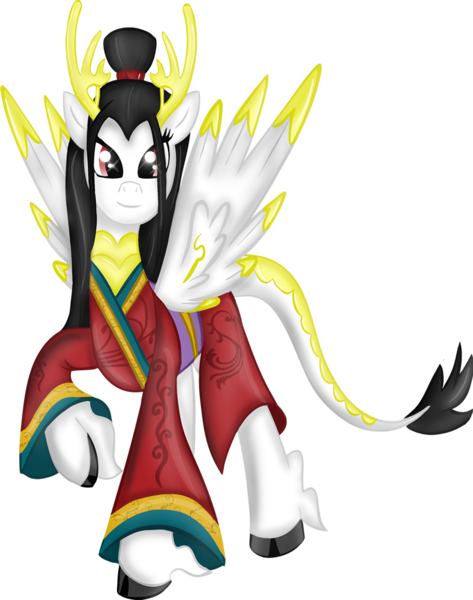 Size: 788x1000 | Tagged: antagonist, antlers, artist:rayodragon, clothes, cloven hooves, derpibooru import, female, kimono (clothing), kirin, mare, oc, oc:empress yin-yang, oc villain, robe, robes, safe, solo, unofficial characters only, unshorn fetlocks, winged kirin, wings