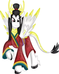 Size: 788x1000 | Tagged: antagonist, antlers, artist:rayodragon, clothes, cloven hooves, derpibooru import, female, kimono (clothing), kirin, mare, oc, oc:empress yin-yang, oc villain, robe, robes, safe, solo, unofficial characters only, unshorn fetlocks, winged kirin, wings