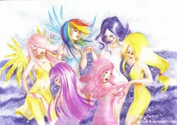 Size: 1630x1156 | Tagged: applejack, artist:paulina-ap, belly button, breasts, clothes, delicious flat chest, derpibooru import, dress, flattershy, fluttershy, humanized, mane six, pinkie pie, rainbow dash, rarity, safe, traditional art, twilight sparkle, winged humanization