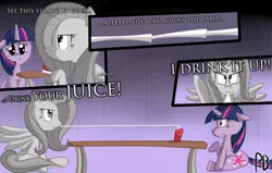 Size: 3850x2450 | Tagged: artist:darkpengi, comic, derpibooru import, discorded, flutterbitch, fluttershy, high res, i drink your milkshake, juice box, pure unfiltered evil, safe, there will be blood, twilight sparkle