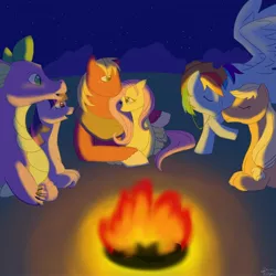 Size: 2160x2160 | Tagged: safe, artist:mimzythefairy, derpibooru import, applejack, big macintosh, fluttershy, rainbow dash, spike, twilight sparkle, appledash, campfire, female, fluttermac, high res, lesbian, lesbian in front of boys, male, older, shipping, straight, twispike