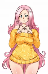 Size: 682x1052 | Tagged: artist:maniacpaint, big breasts, bottomless, breasts, busty fluttershy, clothes, curvy, derpibooru import, female, fluttershy, flutterthighs, human, humanized, solo, solo female, suggestive, sweater, sweatershy, wide hips