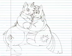 Size: 1280x1000 | Tagged: safe, artist:aaronwolf17, derpibooru import, twilight sparkle, oc, bhm, canon x oc, clothes, fat, female, lined paper, male, monochrome, shipping, straight, sweater, traditional art, twilard sparkle