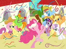 Size: 3200x2400 | Tagged: apple bloom, applejack, artist:gearholder, blindfold, cutie mark crusaders, derpibooru import, fluttershy, high res, mexico, piñata, pinkie pie, rainbow dash, safe, scootaloo, sombrero, sweetie belle, twilight sparkle