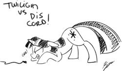 Size: 659x387 | Tagged: safe, artist:egophiliac, derpibooru import, twilight sparkle, pony, unicorn, behaving like a dog, comic, dis cord, face down ass up, female, floppy ears, glare, grayscale, growling, imminent pounce, mare, monochrome, open mouth, power cord, pun, simple background, solo, unicorn twilight, white background