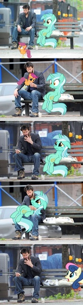 Size: 789x2890 | Tagged: safe, derpibooru import, bon bon, lyra heartstrings, scootaloo, sweetie drops, chicken, human, pony, comic, humans eating ponies, irl, keanu reeves, photo, ponies in real life, sad keanu, scootachicken, sitting lyra, vector, vore, wat