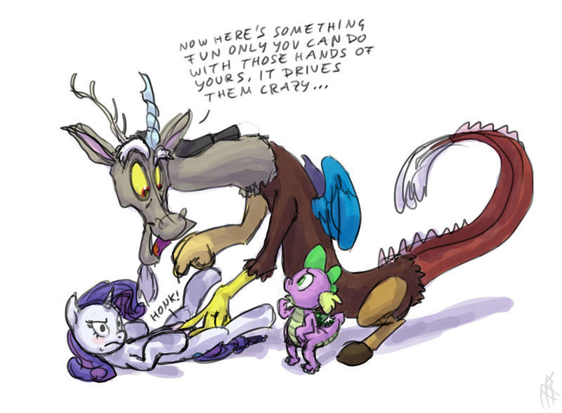 Size: 1088x800 | Tagged: questionable, artist:carnifex, derpibooru import, discord, rarity, spike, pony, unicorn, bad touch, blushing, crotchboob grab, crotchboobs, grope, molestation, nipples, nudity, personal space invasion, teats