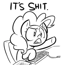 Size: 328x350 | Tagged: safe, artist:shoutingisfun, derpibooru import, pinkie pie, earth pony, pony, black and white, computer, female, grayscale, it's shit, mare, monochrome, open mouth, reaction image, solo, vulgar