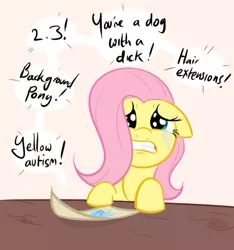 Size: 500x535 | Tagged: abuse, artist:shoutingisfun, autistic fluttershy, background pony strikes again, bully, bullying, crying, derpibooru import, flutterbuse, fluttershy, implied futashy, insult, op is fluttershy, safe