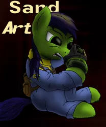 Size: 1800x2160 | Tagged: safe, artist:aaronmk, derpibooru import, oc, oc:scotch tape, unofficial characters only, pony, fallout equestria, fallout equestria: project horizons, fanfic, clothes, fanfic art, female, filly, hooves, mare, pipbuck, sand, sand art, solo, vault suit