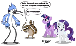 Size: 1280x784 | Tagged: artist:glamourkat, crossover, derpibooru import, mordecai, mordecai and rigby, rarity, regular show, rigby, safe, twilight sparkle