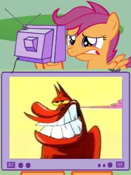 Size: 563x752 | Tagged: safe, derpibooru import, scootaloo, pony, cow and chicken, exploitable meme, meme, the red guy, tv meme