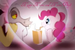 Size: 1024x683 | Tagged: safe, artist:deathsock, derpibooru import, discord, pinkie pie, chocolate milk, discopie, female, heart, hearts and hooves day, looking at each other, love, male, shipping, straight