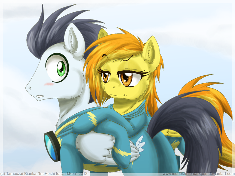 Size: 900x675 | Tagged: safe, artist:inuhoshi-to-darkpen, derpibooru import, soarin', spitfire, pegasus, pony, blushing, clothes, female, goggles, male, raised eyebrow, shipping, soarinfire, straight, uniform, wonderbolts, wonderbolts uniform