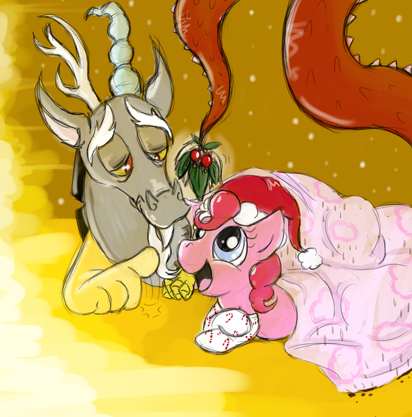 Size: 897x909 | Tagged: dead source, safe, artist:deathsock, derpibooru import, discord, pinkie pie, christmas, clothes, discopie, female, hat, hearth's warming eve, holly, holly mistaken for mistletoe, interspecies, love, male, santa hat, shipping, socks, straight