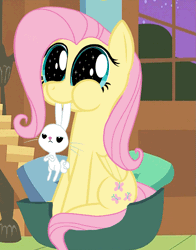 Size: 777x991 | Tagged: safe, artist:keanno, derpibooru import, angel bunny, fluttershy, pegasus, pony, rabbit, :t, animal, animated, annoyed, chewing, crossed arms, cute, dilated pupils, female, frown, glare, mare, nom, puffy cheeks, shyabetes, sitting, smiling, sparkles, starry eyes, unamused, wat, window, wingding eyes