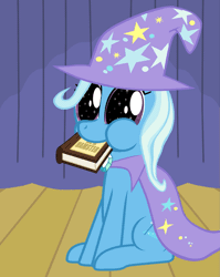 Size: 847x1062 | Tagged: safe, artist:keanno, derpibooru import, trixie, pony, unicorn, animated, book, chewing, female, mare, puffy cheeks, solo, stage
