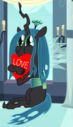 Size: 778x1339 | Tagged: animated, artist:keanno, changeling, changeling queen, chewing, cute, cutealis, derpibooru import, female, heart, love, puffy cheeks, queen chrysalis, safe, solo