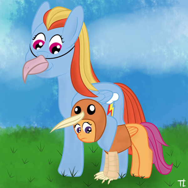 Size: 900x900 | Tagged: artist:thexiiilightning, crossover, derpibooru import, doduo, pidgeot, pokémon, rainbow dash, safe, scootaloo