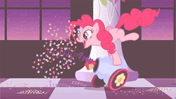 Size: 500x281 | Tagged: animated, balloon, confetti, decoration, derpibooru import, partillery, party cannon, pinkie pie, safe, screencap, solo, sweet and elite