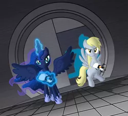 Size: 3000x2706 | Tagged: safe, artist:zantyarz, derpibooru import, derpy hooves, princess luna, pegasus, pony, gamer luna, female, high res, mare, portal (valve), portal 2