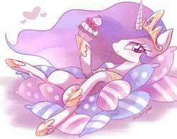 Size: 787x620 | Tagged: artist:ipun, cupcake, derpibooru import, heart eyes, pillow, princess celestia, safe