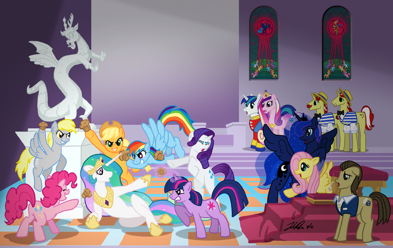 Size: 1280x809 | Tagged: safe, artist:the_gneech, derpibooru import, applejack, davenport, derpy hooves, discord, flam, flim, fluttershy, pinkie pie, princess cadance, princess celestia, princess luna, rainbow dash, rarity, shining armor, twilight sparkle, pegasus, pony, classic art, female, fine art parody, food fight, ides of march, julius caesar, mare, parody, the death of caesar