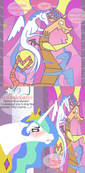 Size: 400x812 | Tagged: artist:bochelly, blushing, derpibooru import, discord, imminent stained glass porno, princess celestia, princess luna, safe, stained glass